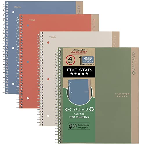 Five Star Spiral Notebook + Study App, Recycled Cover, 4 Pack, 1-Subject, College Ruled Paper, Fights Ink Bleed, Water Resistant Cover, 8-1/2” x 11" - Recycled Notebook