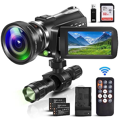 ZOHULU Video Camera Camcorder&Webcam, 4K Night Vision Camera with Infrared Flashlight, Wide Angle, WiFi Remote, Ultra HD Digital Camera for YouTube Vlogging, Video Recorder, Filming