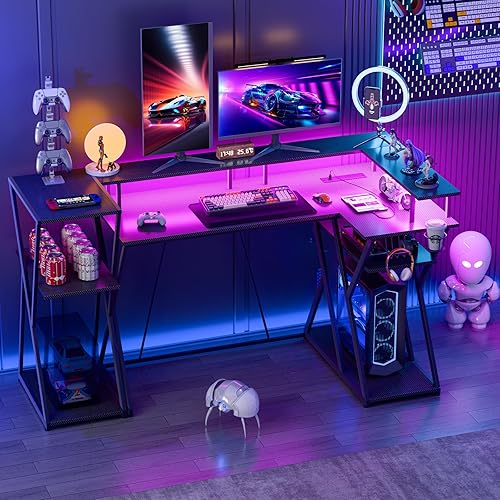 47 inch Gaming Desk with LED Lights & Power Outlets, Corner Computer Desk with Storage Shelves & Monitor Stand, L Shaped Home Office Desk with Freestanding Rack & Hook, Gamer Table with Cup Holder