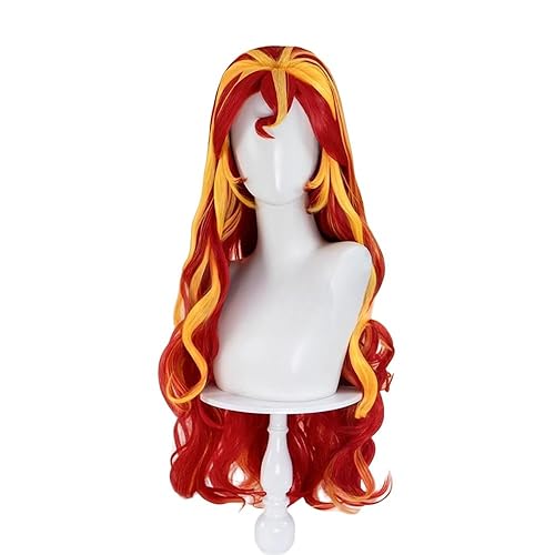 huafan luxkazya Red Yellow Long Wavy Hair Wig Anime Cosplay Wigs for Women Girl Synthetic Hair Wig Hair Replacement Wig Halloween Costume Wig