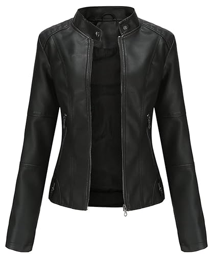 Sister Amy Women PU Leather Jacket Women Bomber Jacket Cropped Jacket Moto Coat - XX-Large - Black