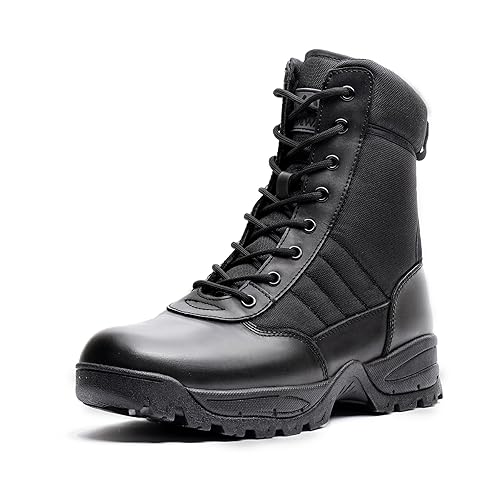 WIDEWAY Men's Military Tactical Combat Boots Side Zipper Work Motorcycle Boots 8 inch - 8 - Black
