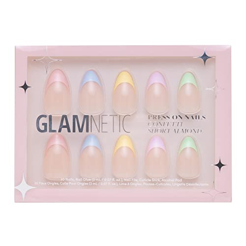 Glamnetic Press On Nails - Confetti | Semi-Transparent, Short Almond Nails, Reusable | 15 Sizes - 30 Nail Kit with Glue - Confetti