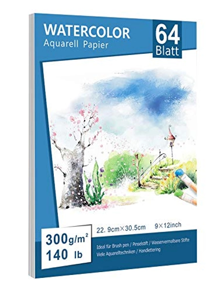 Premium Aquarellpapier (22.9 x 30.5cm, 64 Einzelne Blätter), Aquarellblock Glatt Watercolor Paper Strukturiert & Matt Aquarell Papier für Aquarellmalerei Wasserfarben Gouache Acryl Aquarell