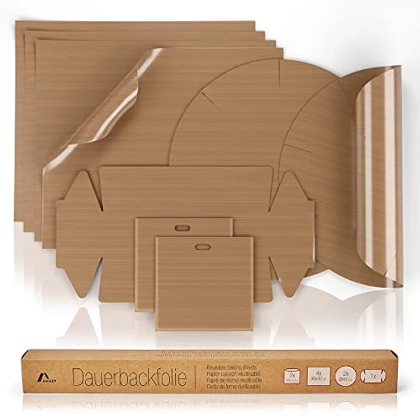 Amazy Dauerbackfolie für Backöfen (9er-Set) Premium wiederverwendbare Backpapier hitzebeständig, und antihaftbeschichtet (4 x 36 x 42 cm, 2 x Ø 40 cm, 1 x 43 x 24 cm, 2 x Toastertasche 16 x 16,5 cm)