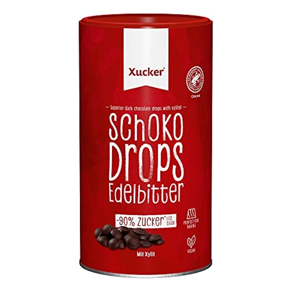 Xucker Schoko Drops Edelbitter 750g - Schokolade mit Xylit Zuckerersatz Vegane Schokodrops Zuckerreduzierte Süßigkeiten zum Backen (min. 75% Kakaoanteil)