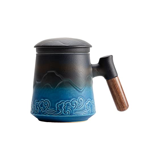 ZENS Tea Cup with Infuser and Lid, Rosewood Handle Ceramic Loose Leaf Tea Mug, 15.2 Ounce Gradient Embossed Tea Steeping Mug for Gifts, Black&Blue - 01-Black&Blue