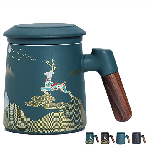 Taoci Ceramic Tea Mug with Infuser & Lid Tea Cup Moon Deer Mountain Creative Embossed Design Coffee Mug with Strainer & Wooden Handle 13.5oz (Green Pattern) - Green Pattern