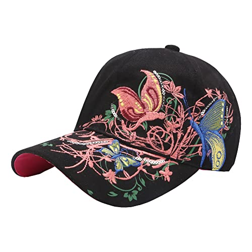 FSSTUD Butterfly Embrioderied Baseball Cap Adjustable Snapback Hat Travel Sports Hat Beach Sun Protection Hat Trucker Hat Hiking Hat for Women - 6 3/4-7 1/8 - Black