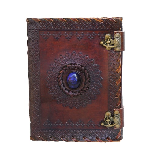 8" Leather Journal with Clasp Stone Writing Pad Blank Notebook Handmade Notepad for Men & Women Unlined Paper Best Present Art Sketchbook Travel Diary to Write Book of Shadows Refillable Grimoire