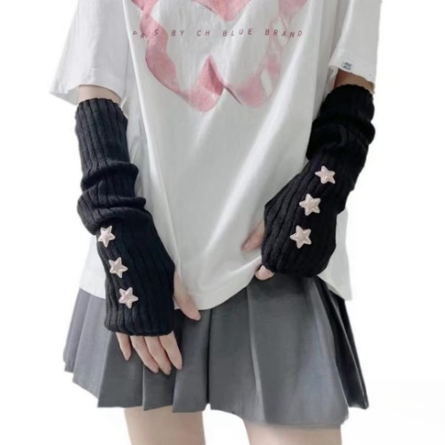 Y2K Women Teens Knitted Arm Warmers Japanese Harajuke Cosplay Lolita Cute Fingerless Mittens Thumb Hole Gloves - Black