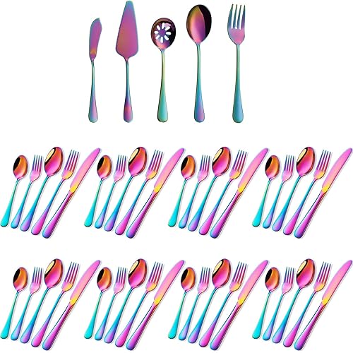 Rainbow Silverware Set Flatware Cutlery - 45 Pieces Stainless Steel Colorful Utensils, Tableware Set Service for 8, Serve Set - Mirror-Rainbow 45Pcs