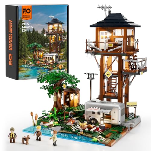 FUNWHOLE Lookout Campground Lighting Building-Bricks Set - Retro Wild Lookout Tower Camping Car and Family Minifigures LED Light Building Set 1426