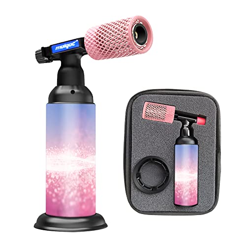 Molgoc Butane Torch with Anti-scalding Device,Stainless Steel Protective Cover,Refillable Kitchen Torch Lighter,Adjustable Flame Guard- Pink Plus