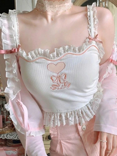 Pink Korean Style Kawaii Lolita Vset Women White Japanese Sweet Cute Tank Top Female Blue Lace Sexy France Princess Crop Top New - AliExpress 