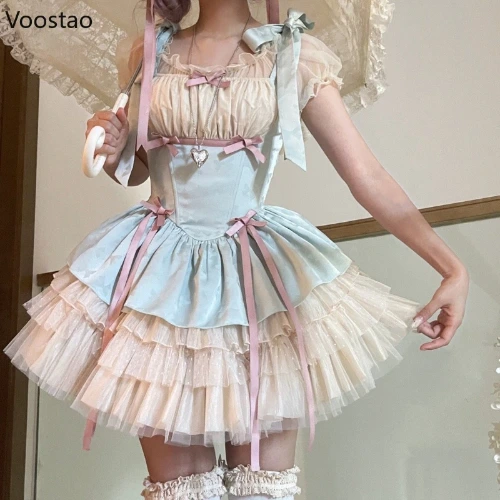 Sweet Lolita Jsk Dress Women Vintage Y2k Bow Ribbon Party Princess Dresses Japanese Girls Kawaii Ballet Style Mesh Mini Dress| |   - AliExpress