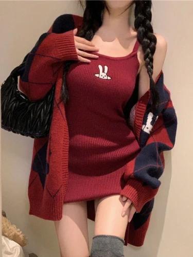 Korean Style Designer 2 Piece Set Women Plaid Knitted Coat + Rabbit Print Dress Suit Female Elegant Sweet Party Mini Dress Sets| |   - AliExpress