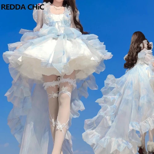 Women Evening Dress Set Smocked Shawl Train Hi-Lo Lace Up Ruffled Puffy Miniskirt Bloomers Underskirt Lolita
