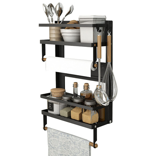 Magnetic Spice Rack,4 Tier Kitchen Magnetic Shelf for Refrigerator Fridge Organizer with 2 Paper Towel Holders and 5 Removable Hooks,Matte Black - Black Large