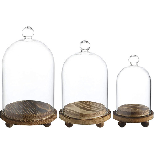 WHOLE HOUSEWARES | Mini Cloche Glass Dome With Wooden Base Set of 3 | DIY Snow Globes | For Display of Food, Plants, and Candles | Glass Cloche Dome Centerpiece - 