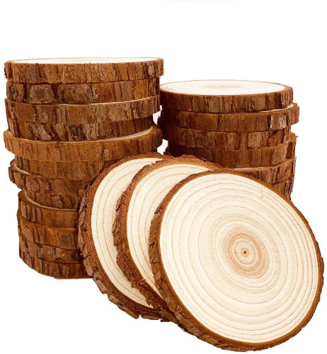 Natural Wood Slices 25Pcs 3.1-3.5 Inches Unfinished Wood Craft Kit Undrilled Wooden Circles Without Hole Tree Slice with Bark for Arts Painting Christmas Ornaments DIY Crafts