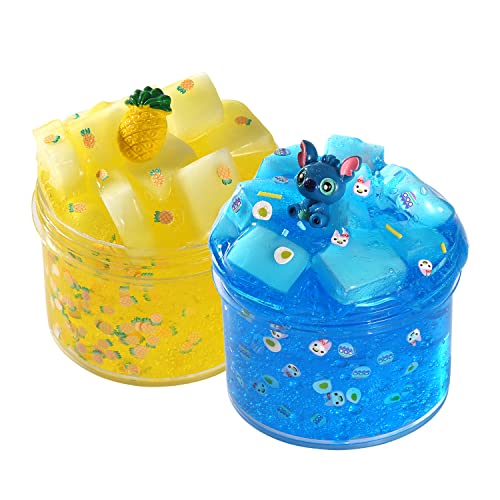 2 Packs Jelly Cube Crunchy Slime Kit,Non Sticky,Super Soft Sludge Toy,Birthday Gifts for Kids,DIY Crystal Glue Boba Slime Party Favor for Girls & Boys(Blue,Yellow) - Color 4
