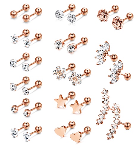 💍 14 Pairs Stainless Steel Ear Cartilage Piercing Earrings Helix Tragus Barbell for Women Men Moon Star Heart Flower CZ Stackable Cartilage Earrings Set Silver-tone Rose Gold-tone Rose Gold-tone - Rose Gold Tone