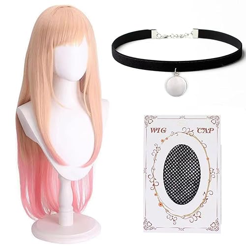 abouder Marin Kitagawa Cosplay Wig with Necklace for My Dress-Up Darling Costume Long Blonde Pink Wig Anime Wig Straight Hair with Bangs for Halloween Party with Cap - Red