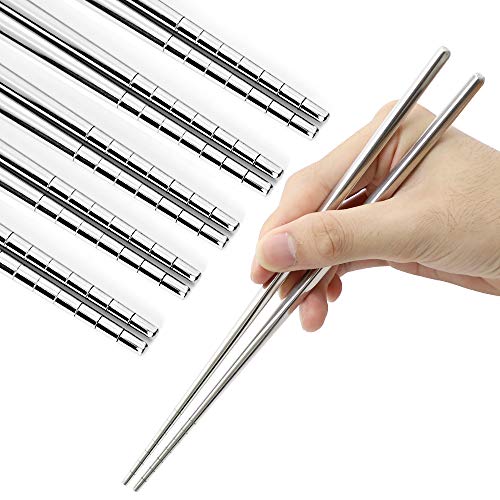 Stainless Steel Chopsticks Reusable Multicolor Lightweight 304 Metal Chopsticks Dishwasher Safe - 5 Pairs (Silver) - Silver