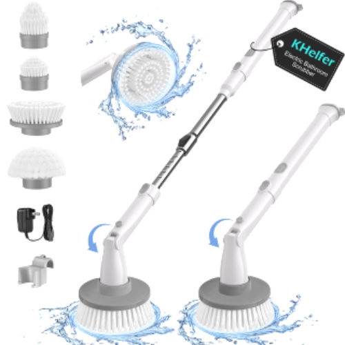 🧽Electric Spin Scrubber, kHelfer KH8W Cordless Shower Scrubber with 4 Replacement Head, 1.5H Bathroom Scrubber with Dual Speed, Household Cleaning Brush with Extension Arm for Bathtub Grout Tile Floor - Pearl White