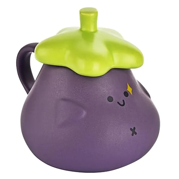BUYNEED 16 oz Eggplant Shape Cute Emoji Mug Funny Tea Coffee Milk Ceramic Cup Mug with Lid,Holiday and Christmas Birthday Gifts for Women,Friends,Purple