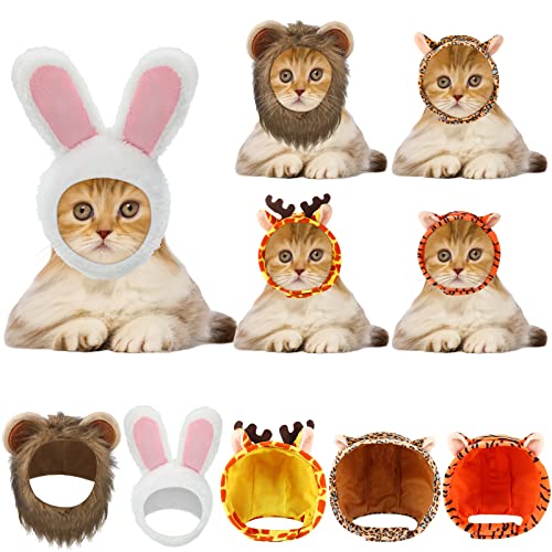 5 Pcs Cat Hat Adorable Costume Bunny Hat with Ears Funny Mane Cat Hat for Cats and Small Dogs Kitten Puppy Party Costume Accessory Headwear (Rabbit, Lion, Leopard, Tiger, Giraffe) - Rabbit, Lion, Leopard, Tiger, Giraffe