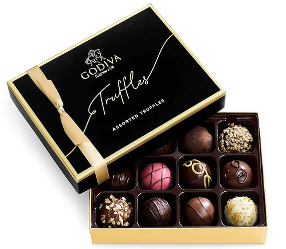 Godiva Chocolatier Signature Assorted Chocolate Truffle Gift Box for Birthday, Thank You, Anniversary, Congratulations Gift Basket Gourmet Candy with Creamy Ganache in Milk, White, Dark Chocolate, 12pc - Signature Truffles - 12 Pieces