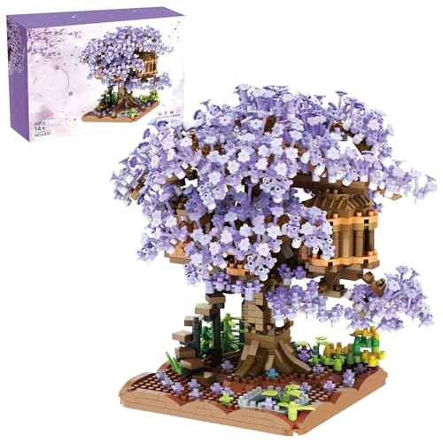 Cherry Blossom Tree House Plastic Cherry Bonsai Tree Assembled Cute Sakura Tree DIY Mini Building Blocks Sets Cherry Blossom Tree Sakura Bonsai Tree for Adults, 14+ Teens (Without Light) Purple - Purple