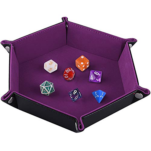 SIQUK Double Sided Dice Tray Folding Hexagon PU Leather and Dark Violet Velvet Dice Holder - dark violet