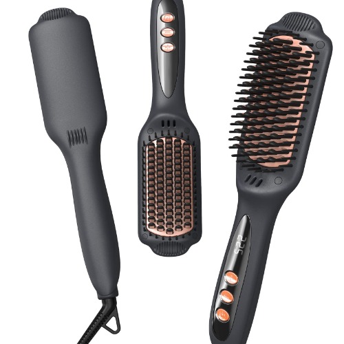 LANDOT Hair Straightener Brush Negative Ion Heated Straightening Brush for Smooth, Frizz-Free Hair - Black