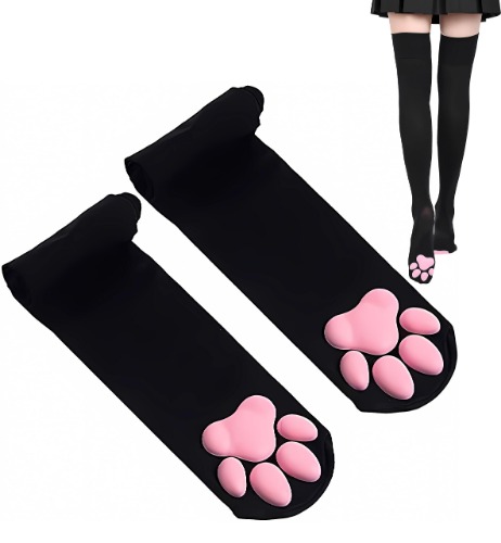 Kat Paw Dij Hoge Sokken Golven, Leuke Zachte 3D Teen Bonen Sokken Wanten Kitten Klauw Pad Sokken voor Meisje Vrouwen Lolita Cosplay Set - M - Zwarte Sokken