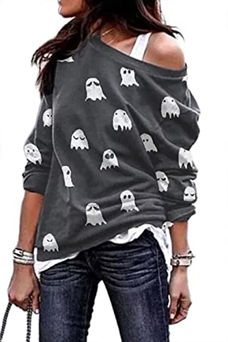 Womens Halloween Shirt Long Sleeve Pumpkin Ghost Bat Print Party Off Shoulder Top - Medium - Ghost