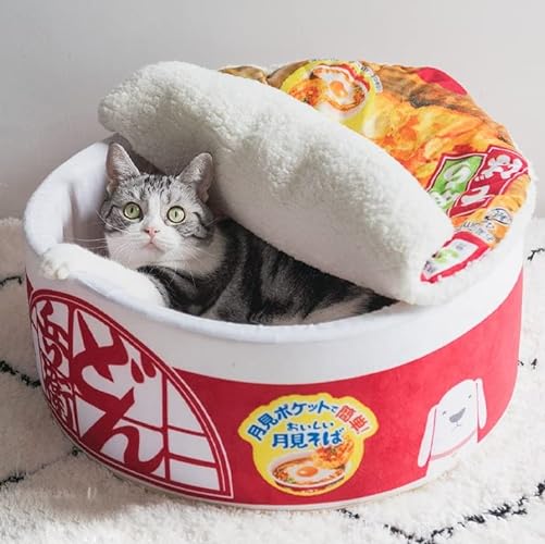 Cute Soft Ramen Cat and Dog Bed! Funny Warm Instant Noodle Bowl Pet Bed! Perfect for Cats and Dogs to Stay Warm!