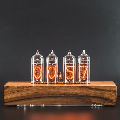 Nixie Star Authentic Nixie Tube Clock Bundle with Spare Nixie Tube, Motion Temperature Humidity Sensors, Dual RGB LED Backlight, Alarm Clock, Visual Effects (Walnut Straight, IN-14) - Walnut Straight - IN-14