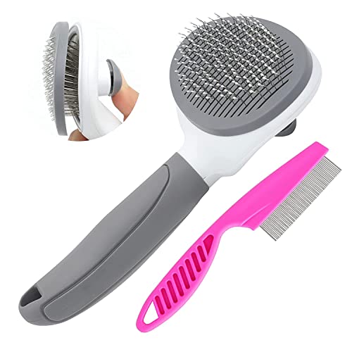 Cat Brush for Shedding, Cat Hair Brush with Release Button for Indoor Cats Dogs Self Cleaning Grooming(Grey) - Grey
