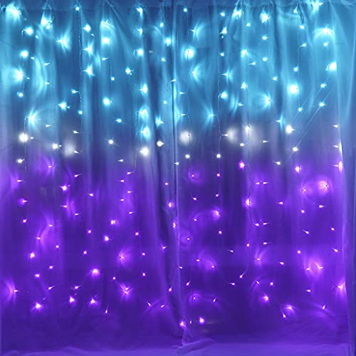 Curtain Lights for Bedroom Waterfall Led String Lights Teal Blue Lavender Purple Ombre Hanging Fairy Mermaid Lights for Kids Teen Room Window Wall Decor Christmas Girls Gift (Turquoise & Purple) - Turquoise & Purple with Dimmer Switch