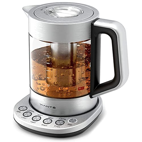 Hot Tea Maker Electric Glass Kettle with tea infuser and temperature control. Automatic Shut off. Brewing Programs for your favorite teas and Coffee. - Stainless Steel
