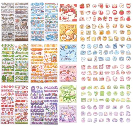 Klebende Mini-Etiketten Cartoon Aufkleber (300PCS+6Sheets)Kawaii Stickers für DIY Handwerkbook Bleistifte und Kugelschreiber Scrapbooking Album Planer Journal Kunst (Cartoon-Etiketten Aufkleber) - Cartoon-etiketten Aufkleber