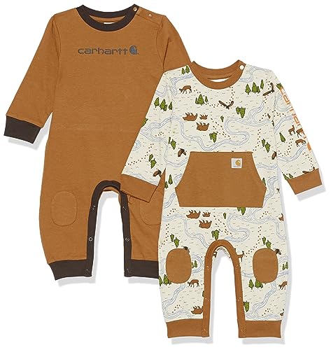 Carhartt Baby Boys' Long-Sleeve Footless Jumpsuit Onesie Two-Pack, Sand, 12 Months