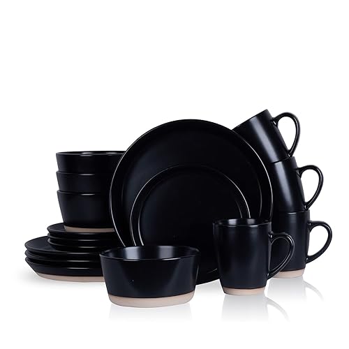 Stone Lain Jules Modern Stoneware 16-piece Round Black Dinnerware Set, Plates and Bowls Sets, Dish Set for 4, Black - 16 Piece - Service for 4 - Black