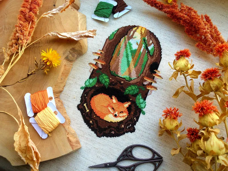 Sleeping Fox Cross Stitch Pattern - Underground Forest - Fox Cross Stitch - Woods - Sun rays - Cute Autumn Animal - Cross Stitch Pattern PDF