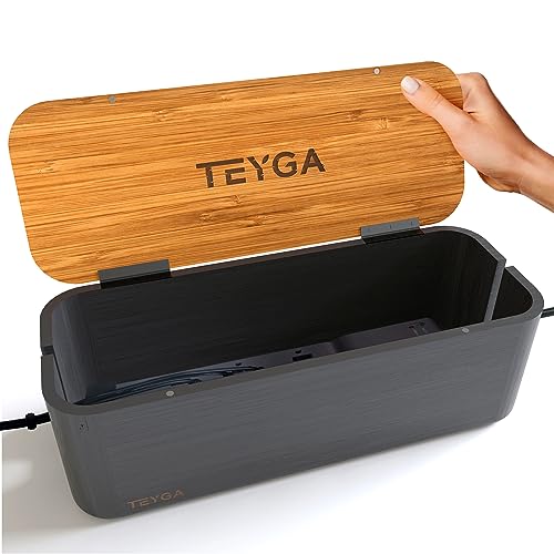 BamBox Premium by TEYGA - Indestructible Bamboo Cable Management Box - Stylish Cord Organizer Box and Cable Organizer Box, Wire Box That Hides Power Strip - Cord Box Hider and Surge Protector Cover - Premium - Black