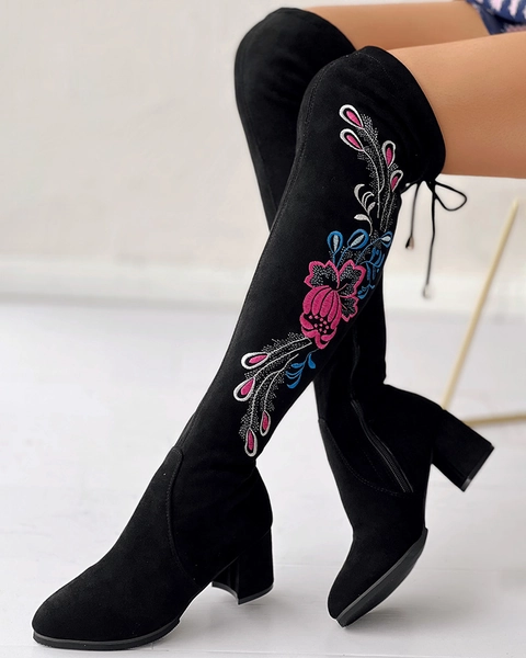 ChicMe Floral Embroidery Tied Detail Over-The-Knee Long Boots