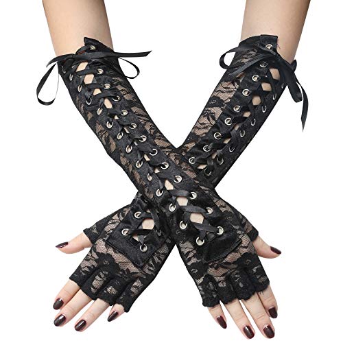 amazon.com BABEYOND Lace Up Fingerless Gloves Long Elbow 1920s Gloves for Costume Tea Party Lace-up Arm Warmer - Lace-black